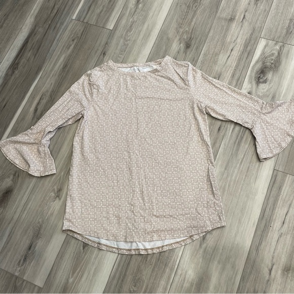 Coolibar Womens Small Iris Ruffle Sleeve Top Beige Geometric Print Knit UPF 50+ - Picture 1 of 8